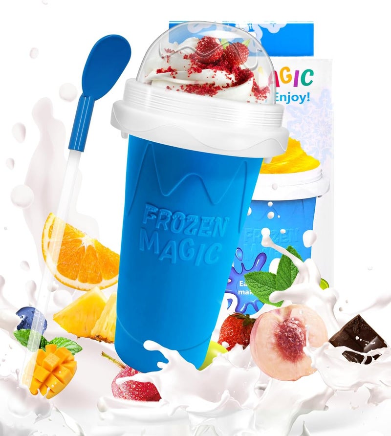 ELTERA ZONE Slushy Maker, DIY Magic Slushy Maker Squeeze Cup, Portable Smoothie Squeeze for Juices, Milk and Ice Cream Make, Double Layers Silica Cup with Lid & Straw for Kids, Friends, Family (Blue) - Image 1